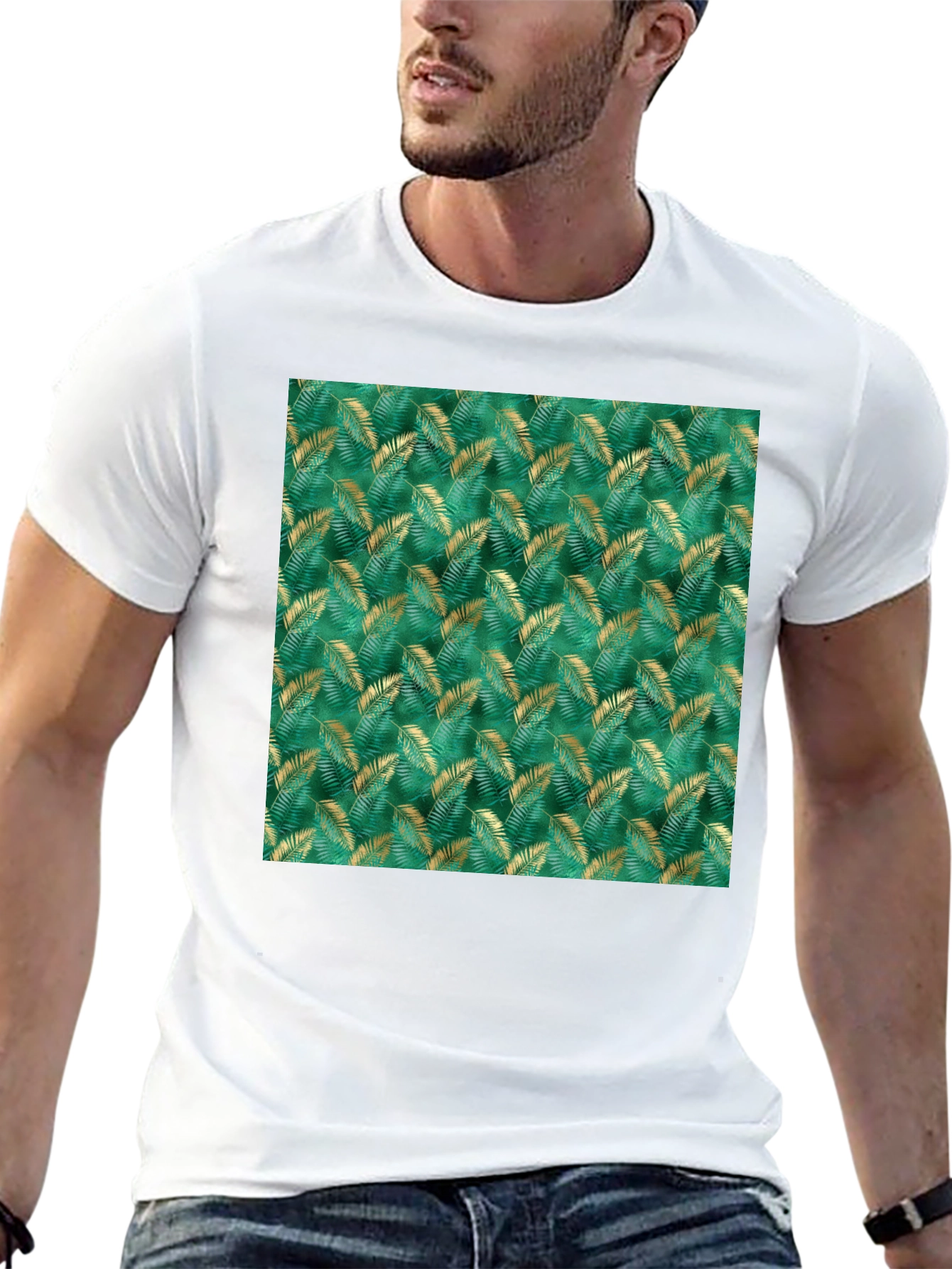 Tropical Leaf Print Black T-Shirt