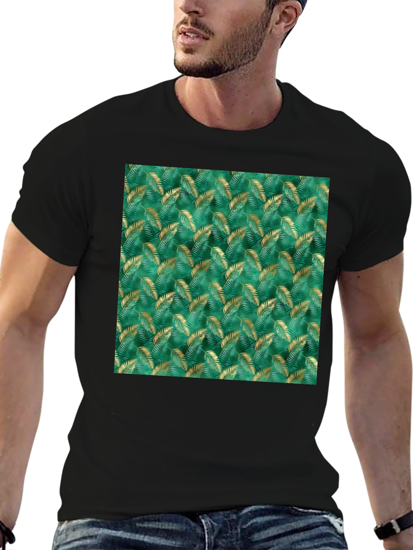 Tropical Leaf Print Black T-Shirt