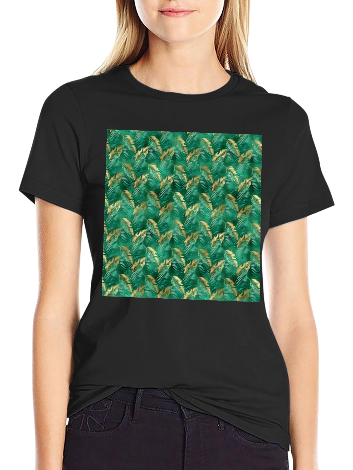 Tropical Leaf Print Black T-Shirt