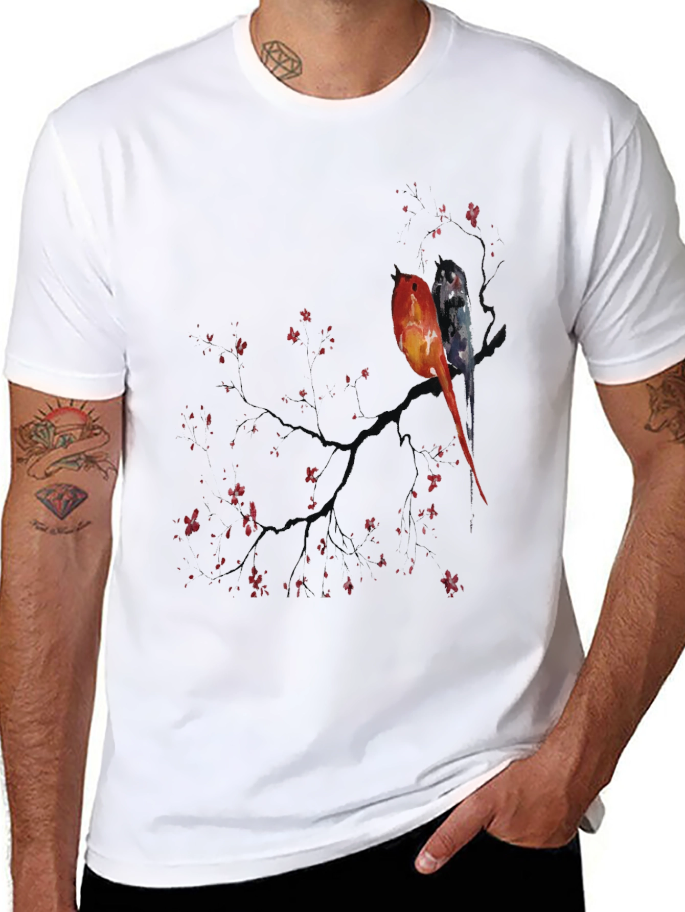 Artistic Birds on Branch Graphic Tee