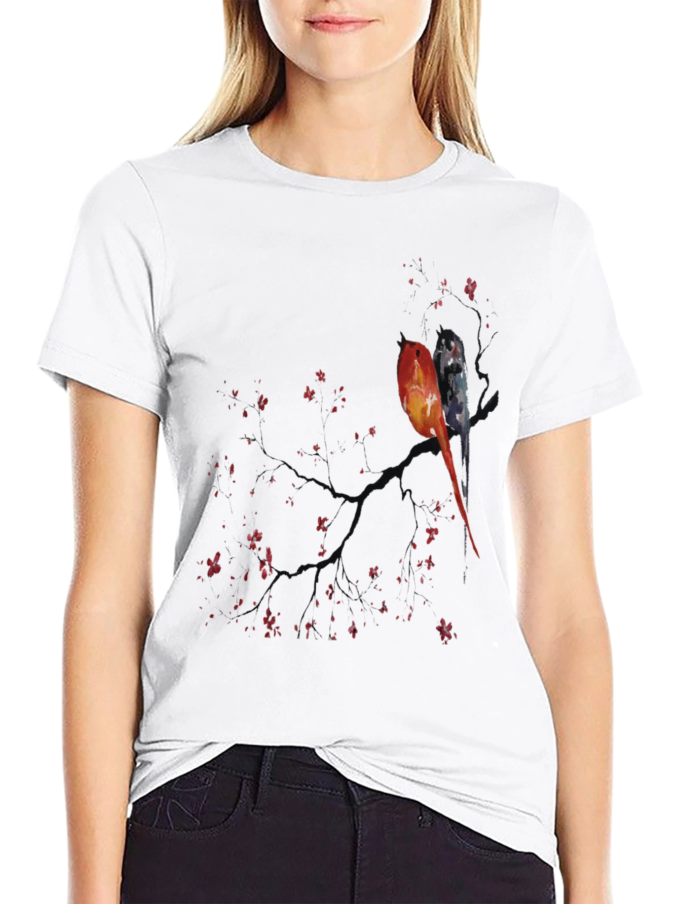 Artistic Birds on Branch Graphic Tee