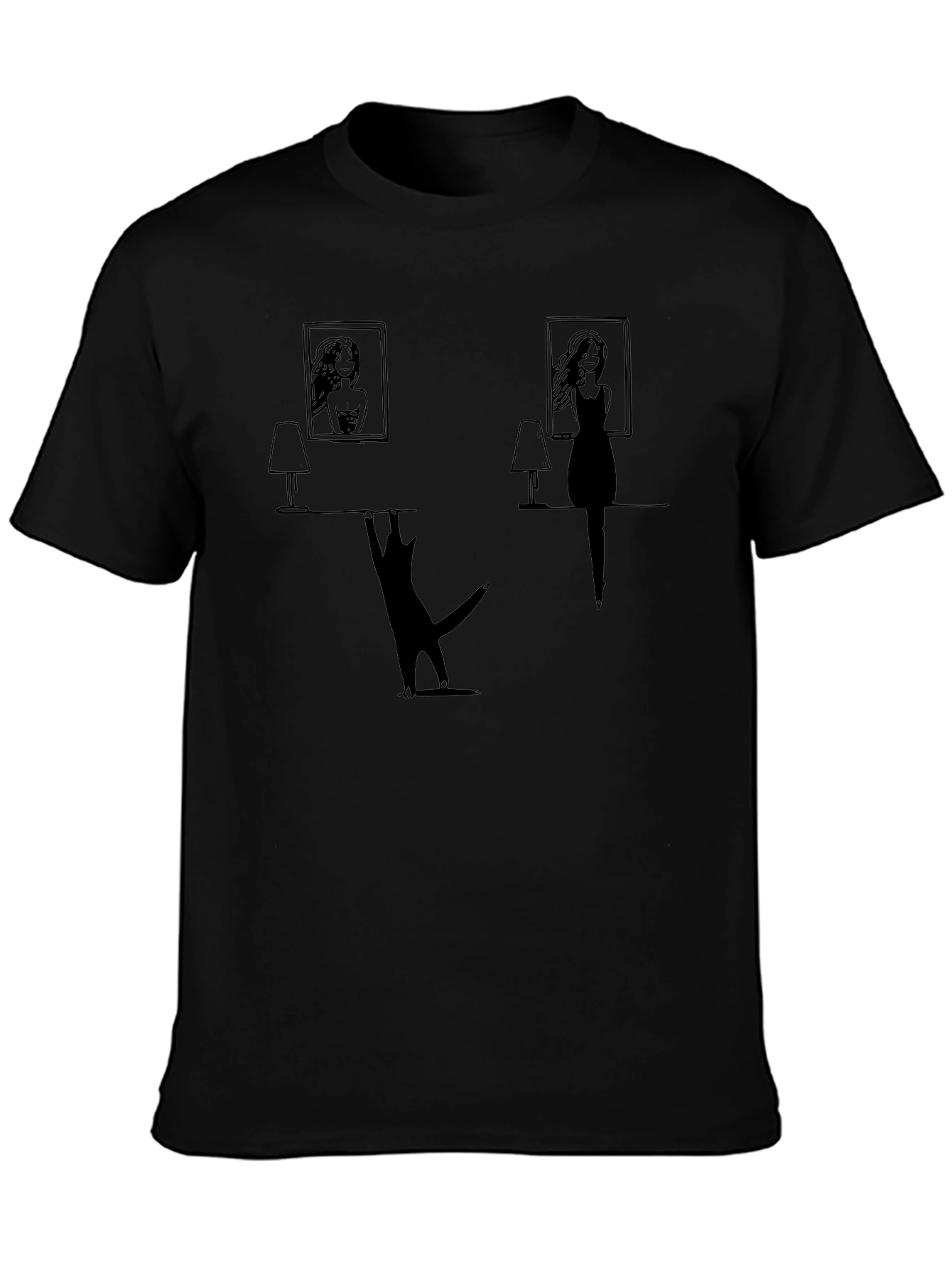 Whimsical Cat & Women Silhouette Black T-Shirt