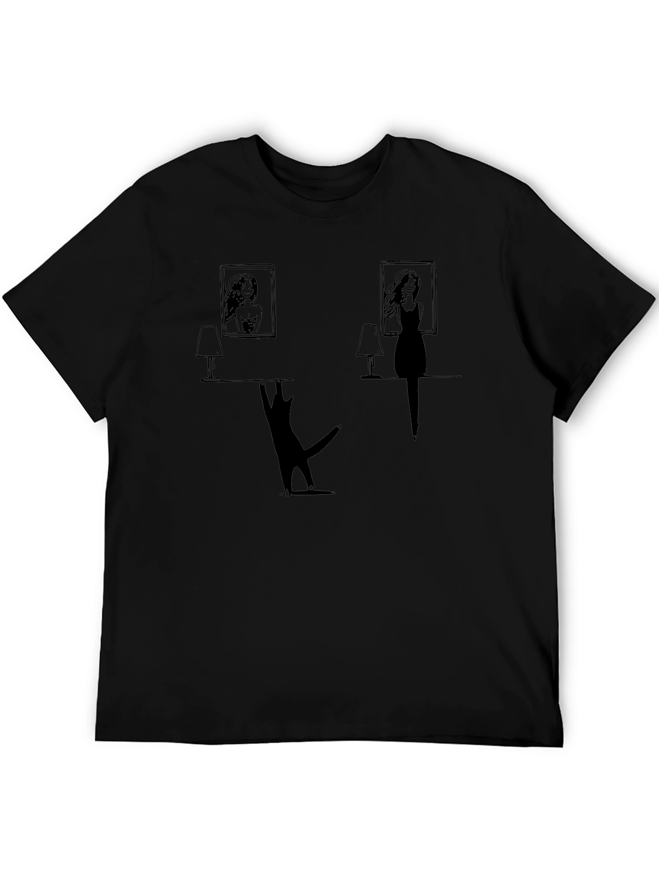 Whimsical Cat & Women Silhouette Black T-Shirt