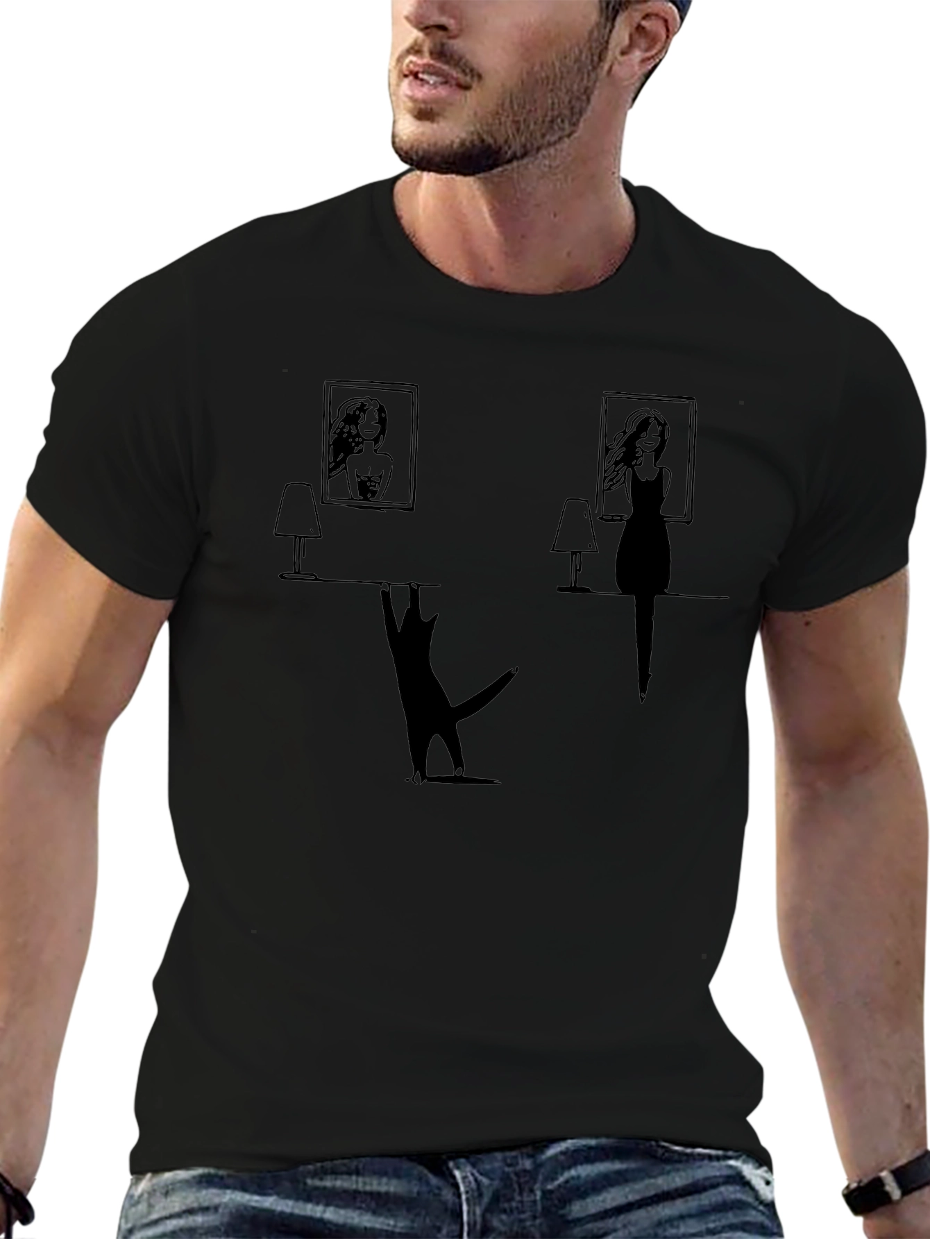 Whimsical Cat & Women Silhouette Black T-Shirt