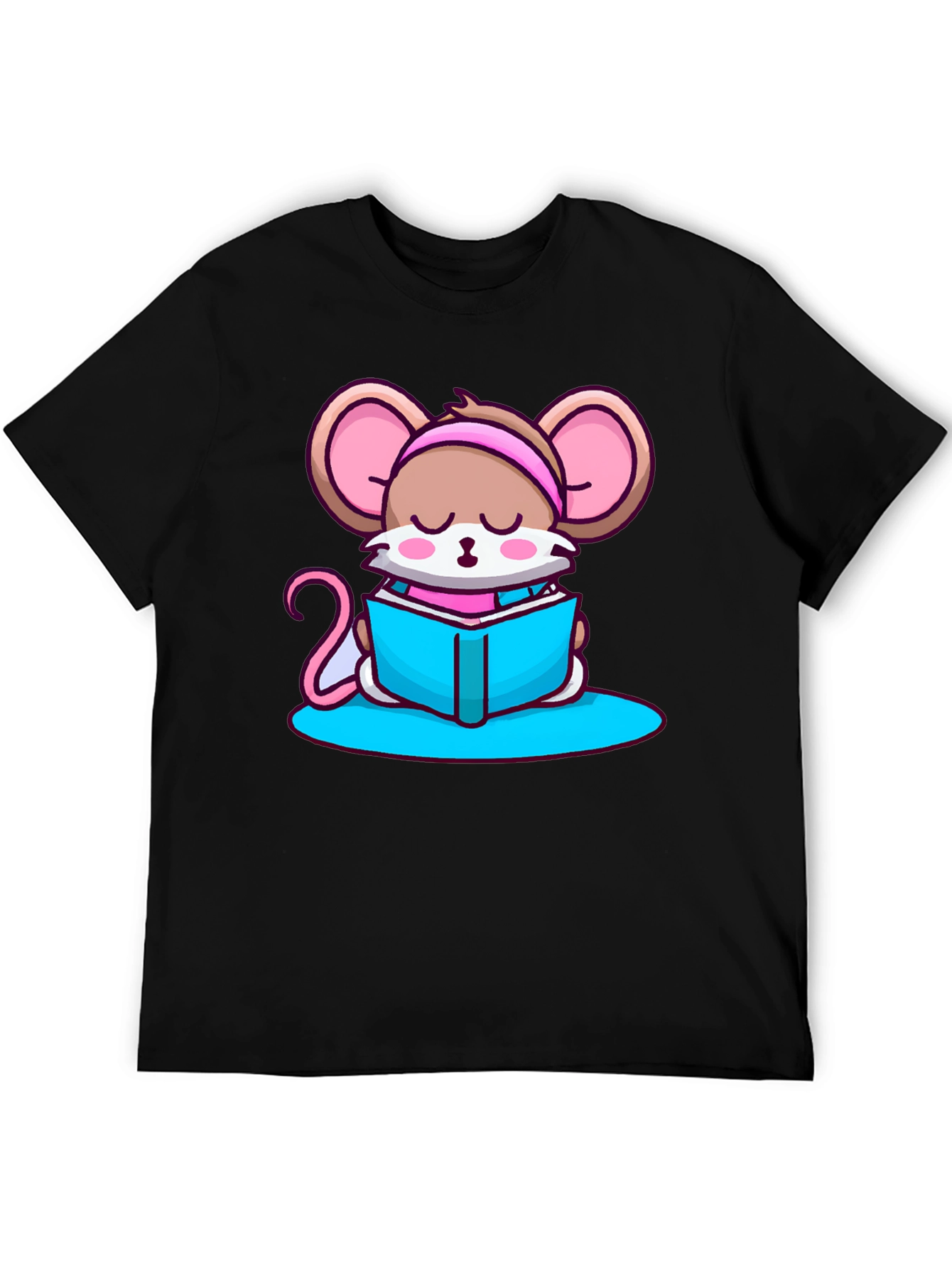 Cute Mouse Reading Book Black T-Shirt