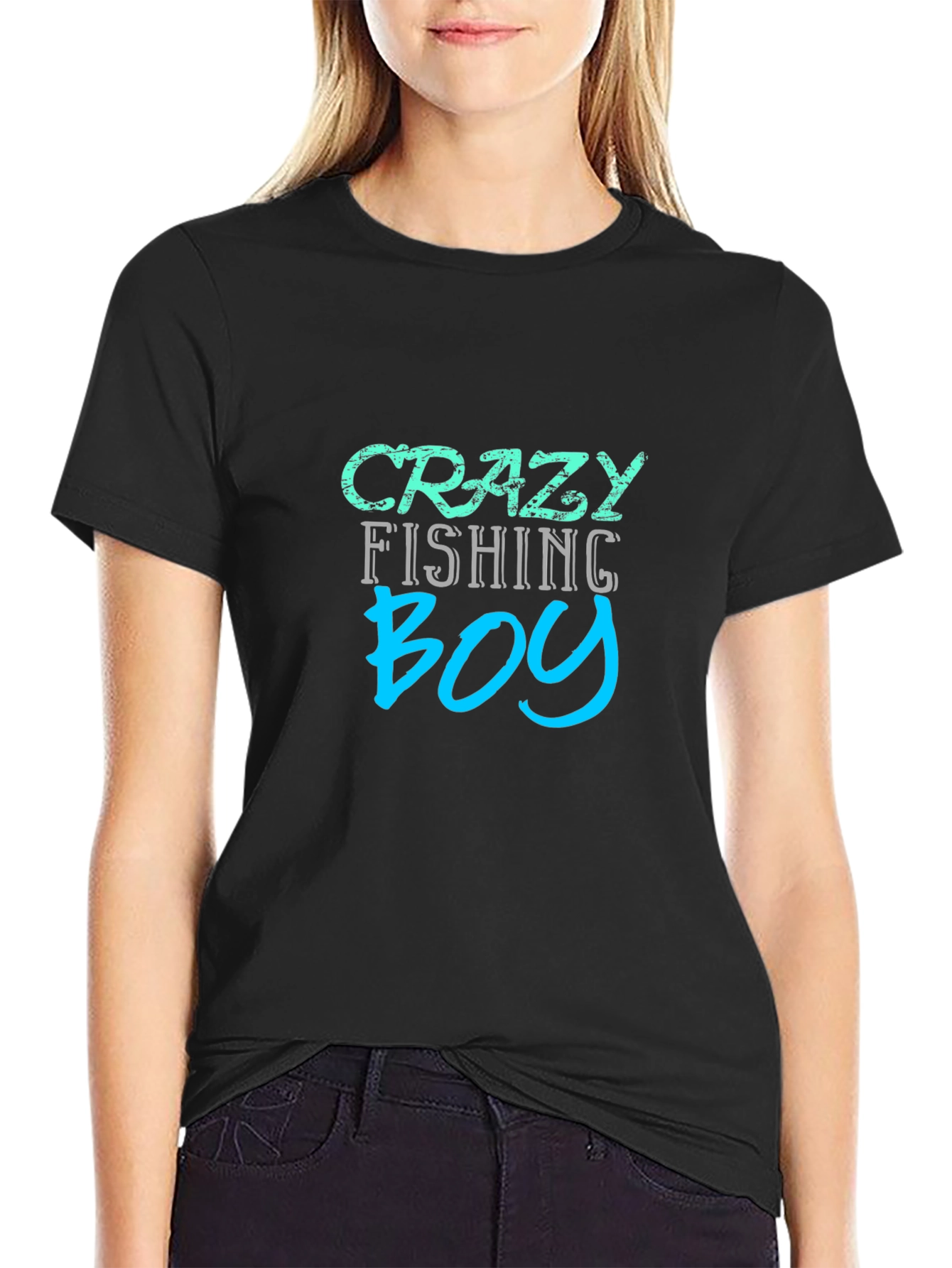 Crazy Fishing Boy T-Shirt - Black Crew Neck Tee