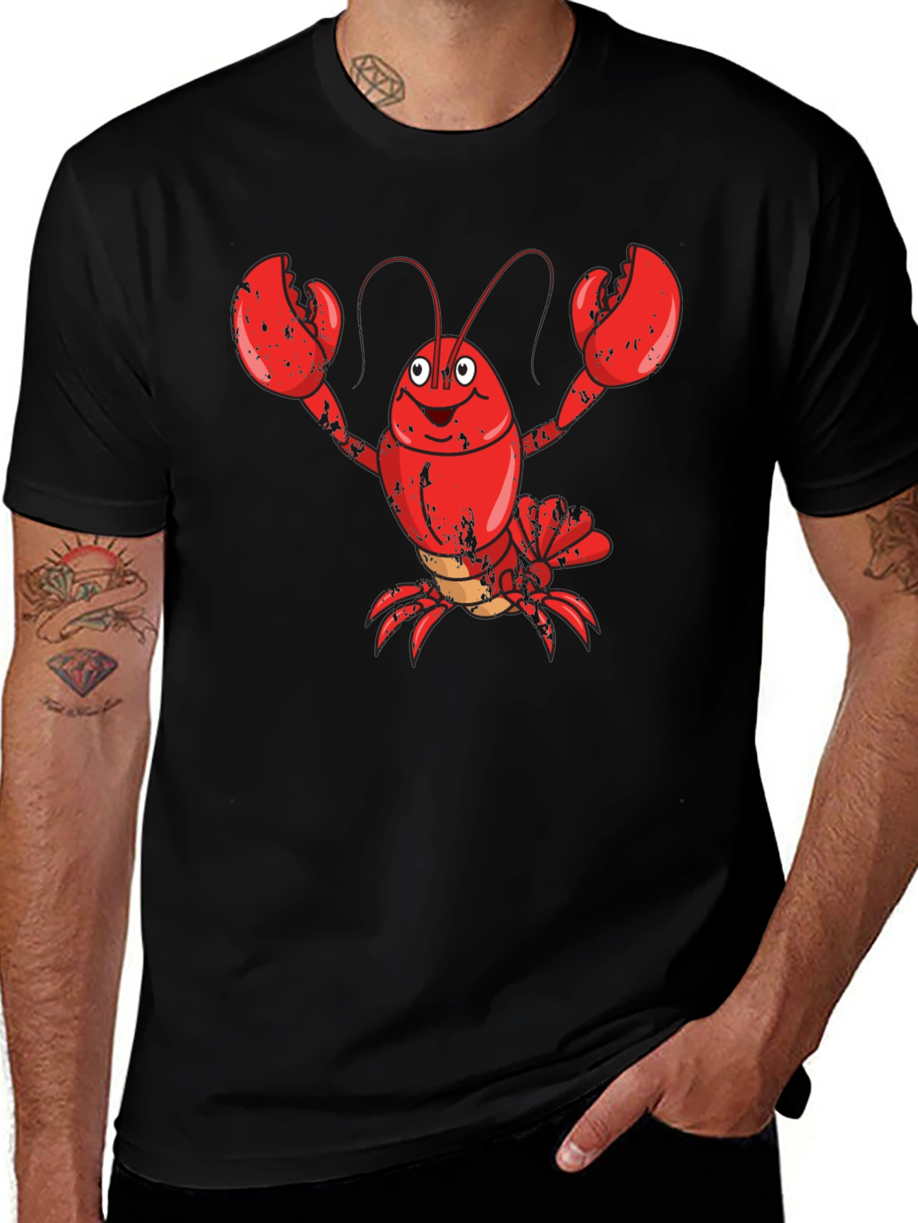 Cartoon Lobster Graphic Tee - Mens Black Cotton T-Shirt