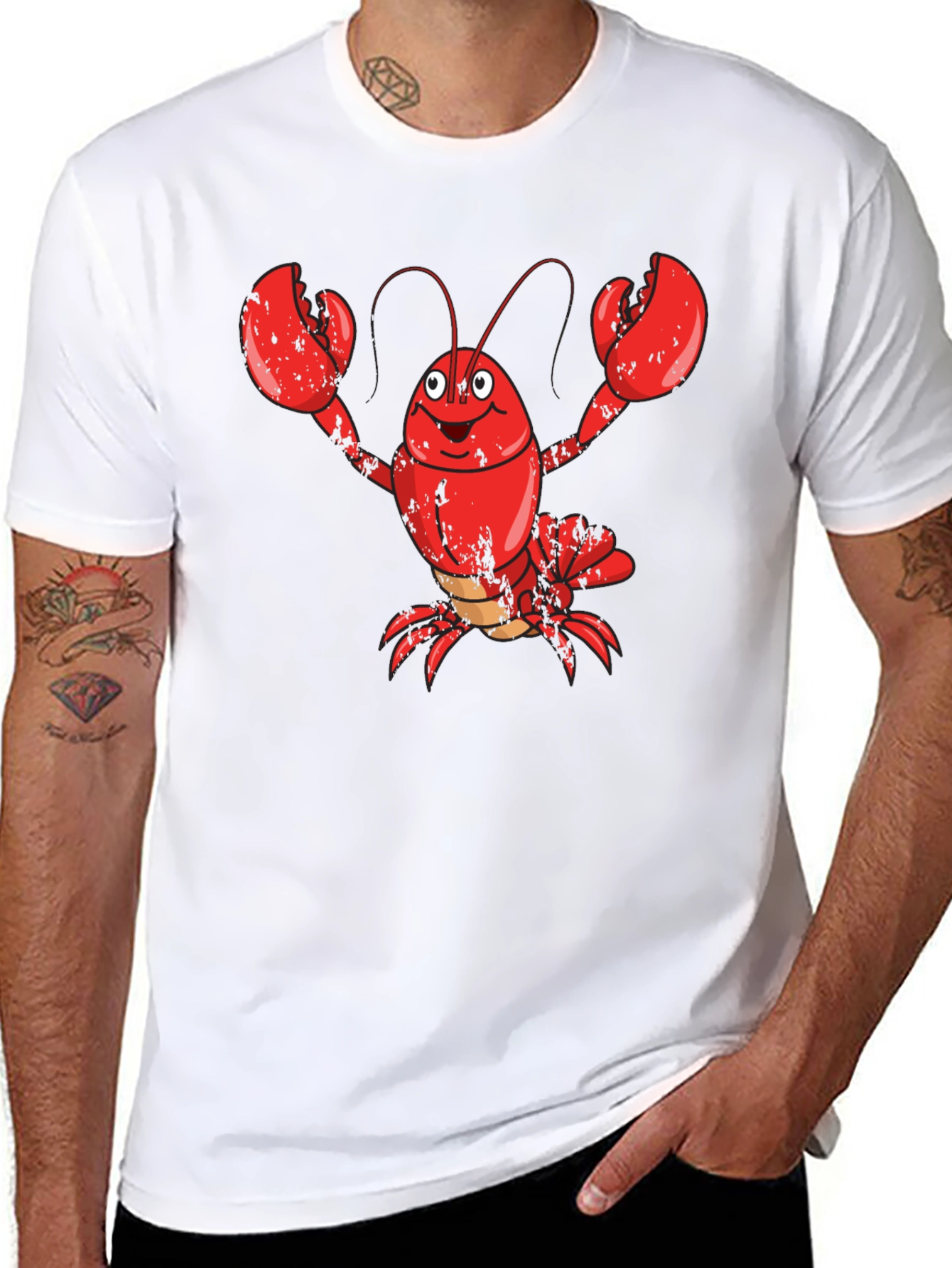 Cartoon Lobster Graphic Tee - Mens Black Cotton T-Shirt