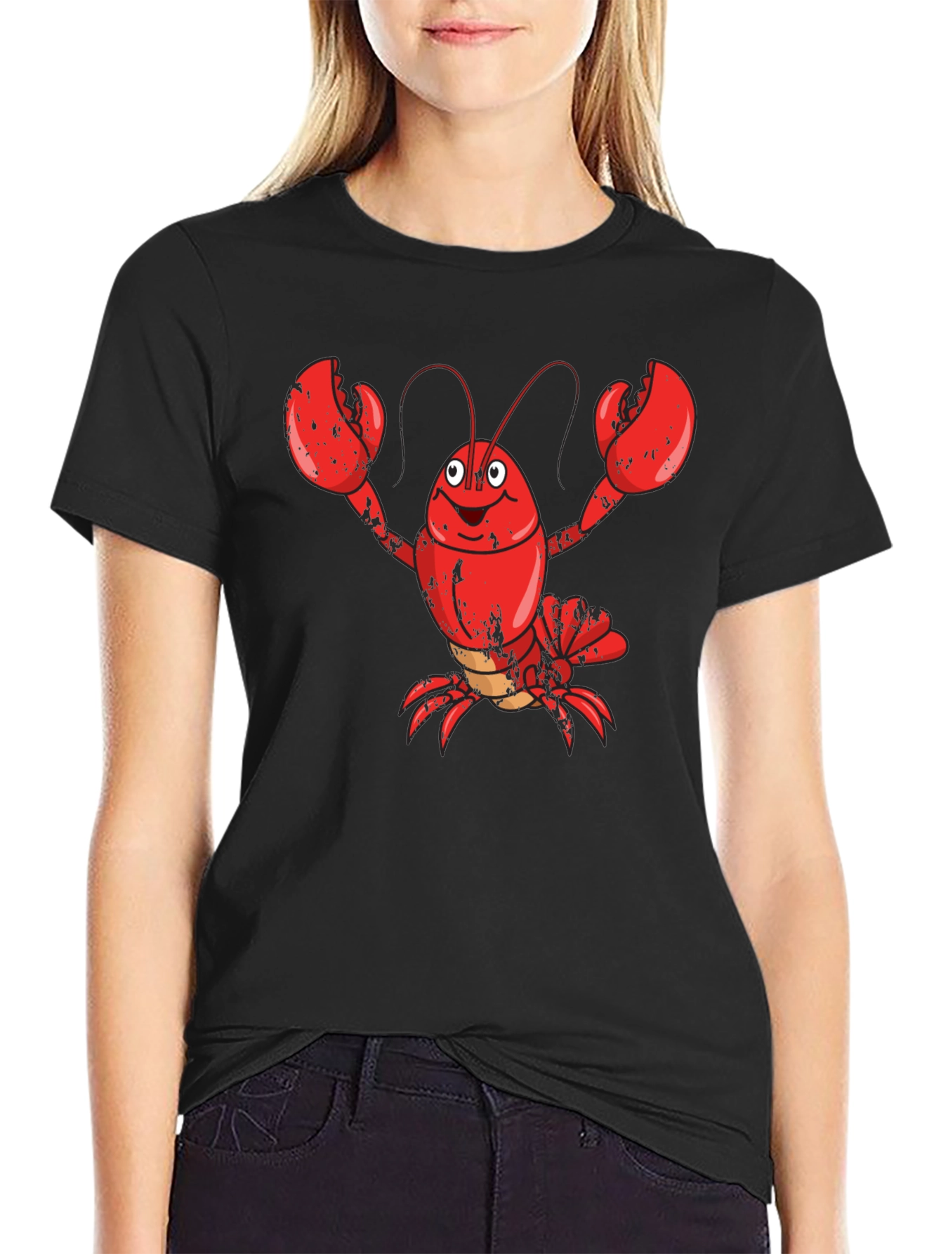 Cartoon Lobster Graphic Tee - Mens Black Cotton T-Shirt