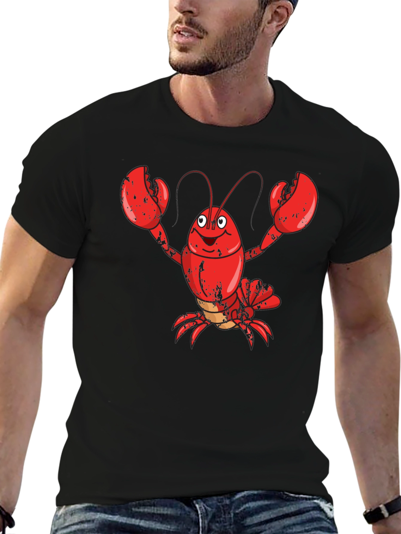 Cartoon Lobster Graphic Tee - Mens Black Cotton T-Shirt