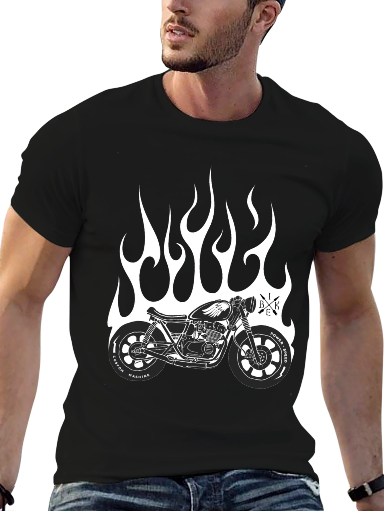 Mens Black Motorcycle Flames Graphic T-Shirt