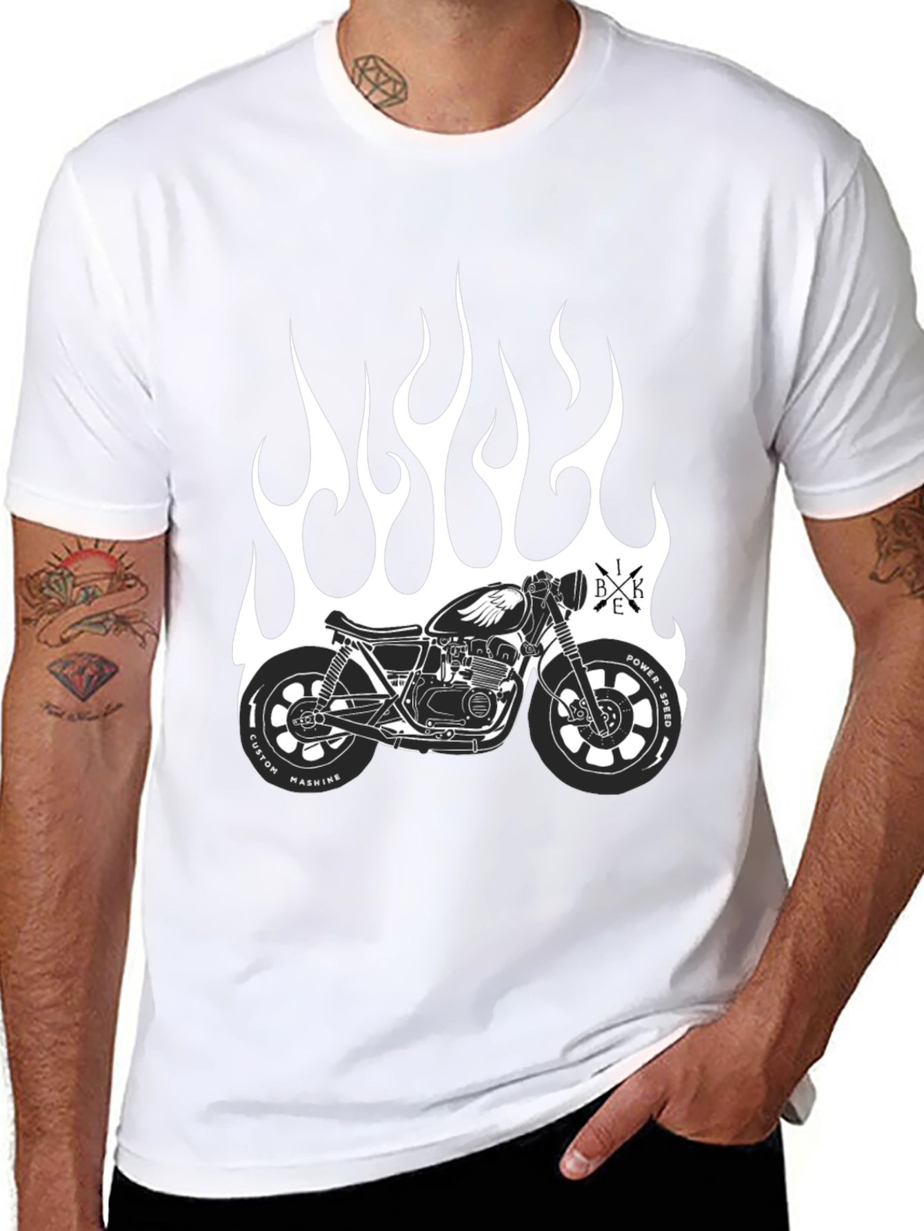 Mens Black Motorcycle Flames Graphic T-Shirt
