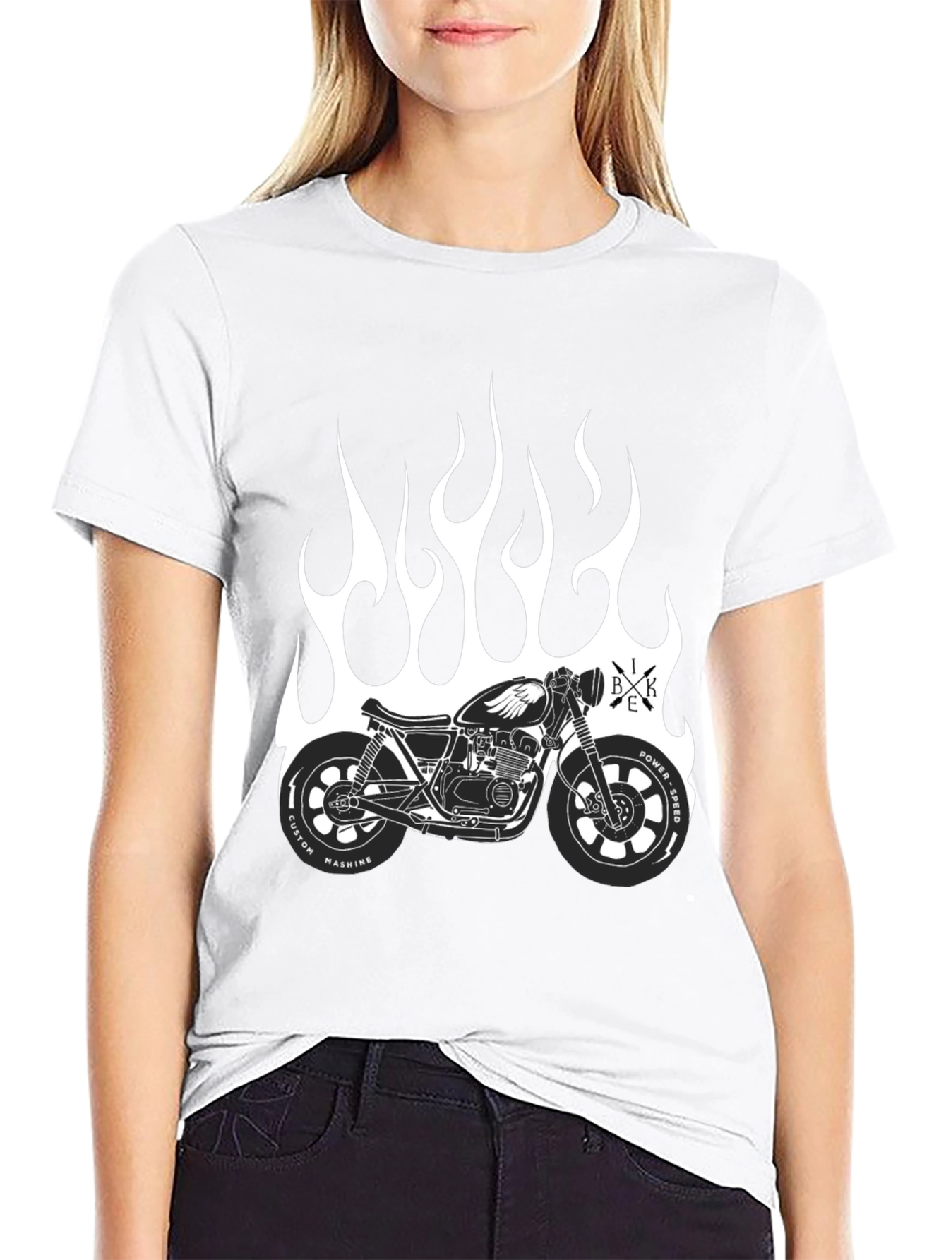 Mens Black Motorcycle Flames Graphic T-Shirt