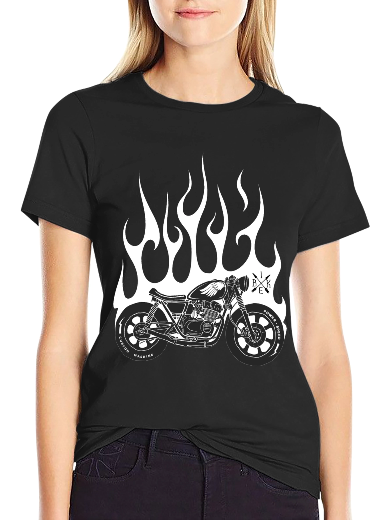 Mens Black Motorcycle Flames Graphic T-Shirt