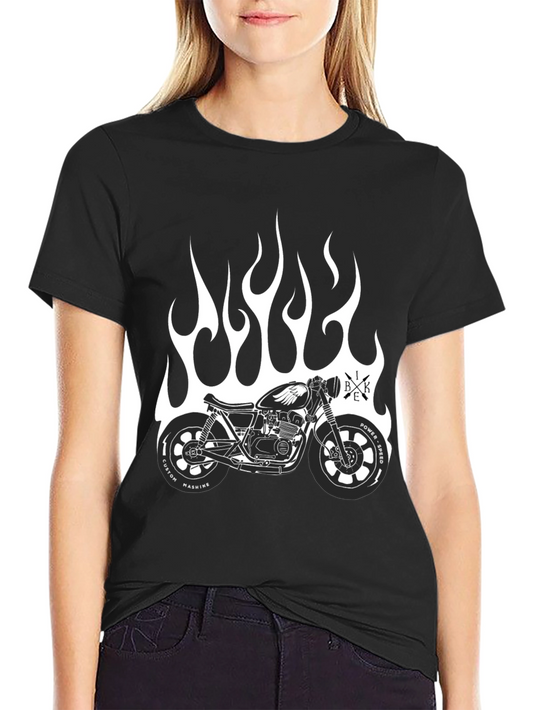 Mens Black Motorcycle Flames Graphic T-Shirt