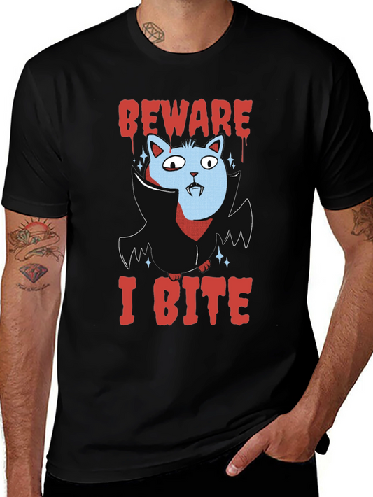 Beware I Bite T-Shirt Halloween Cat Vampire
