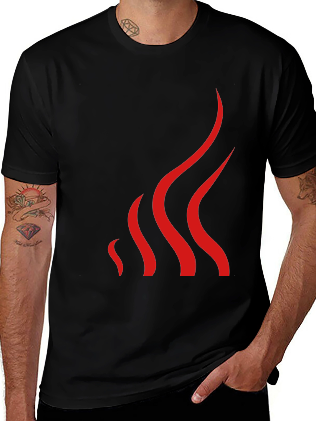 Mens Black T-Shirt with Abstract Red Flame Design