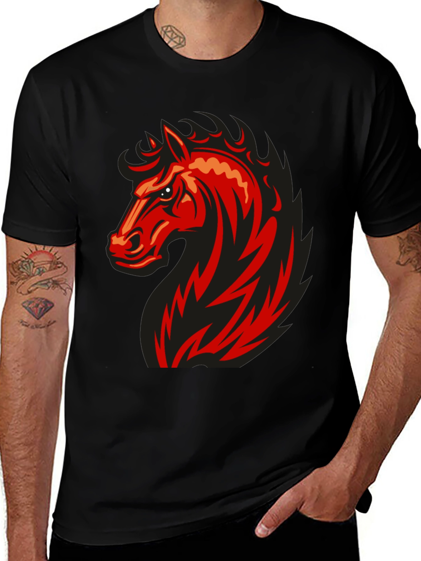 Bold Red Horse Graphic Black T-Shirt