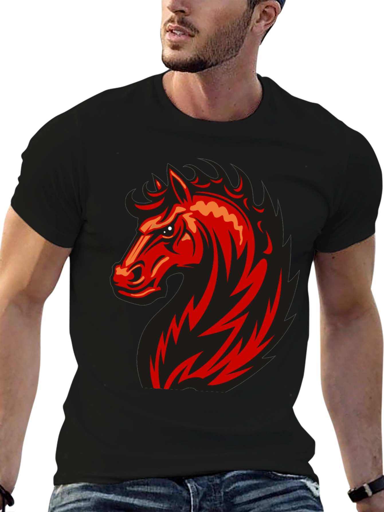 Bold Red Horse Graphic Black T-Shirt
