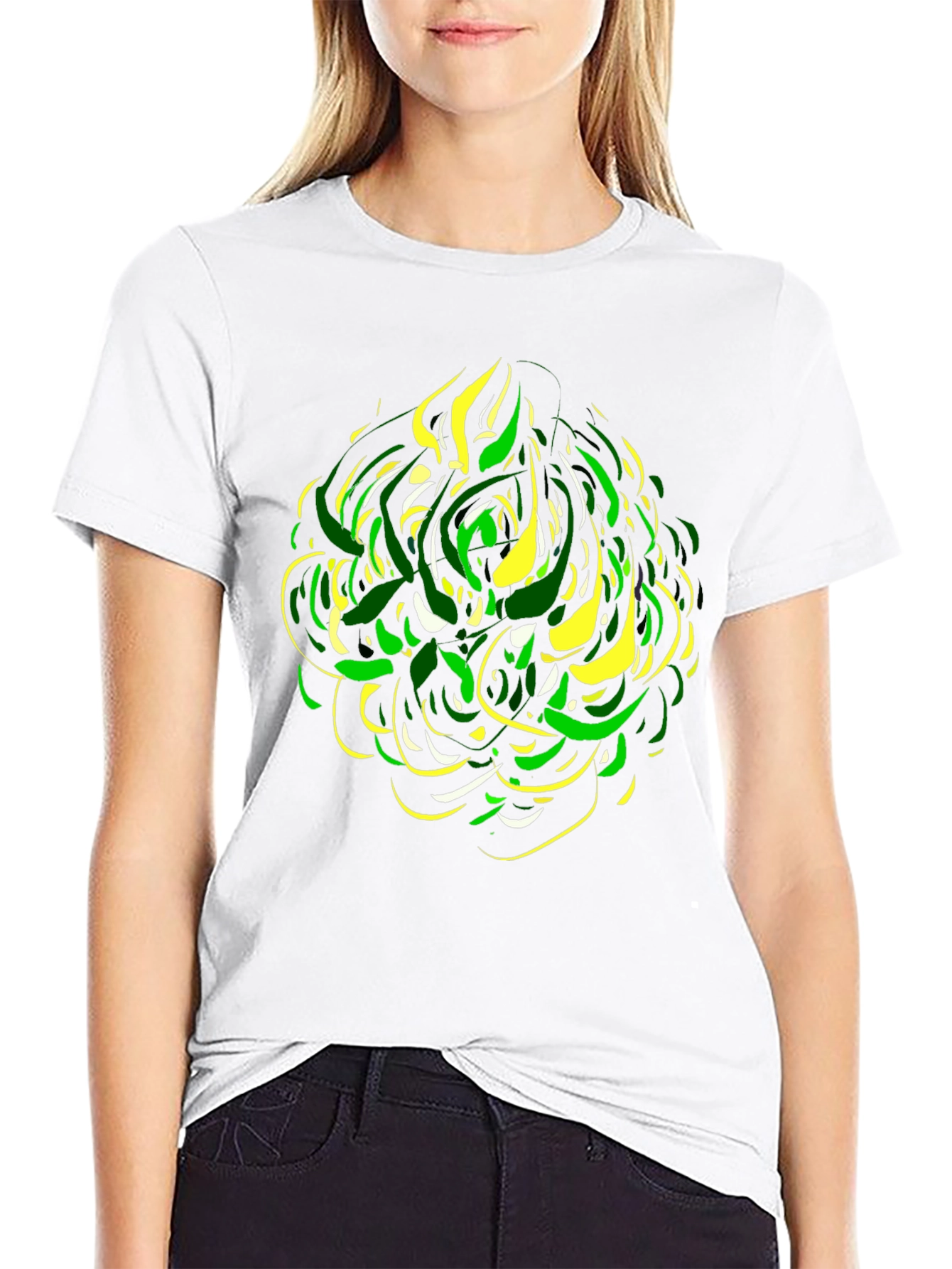 Abstract Green & Yellow Graphic Print Black Tee