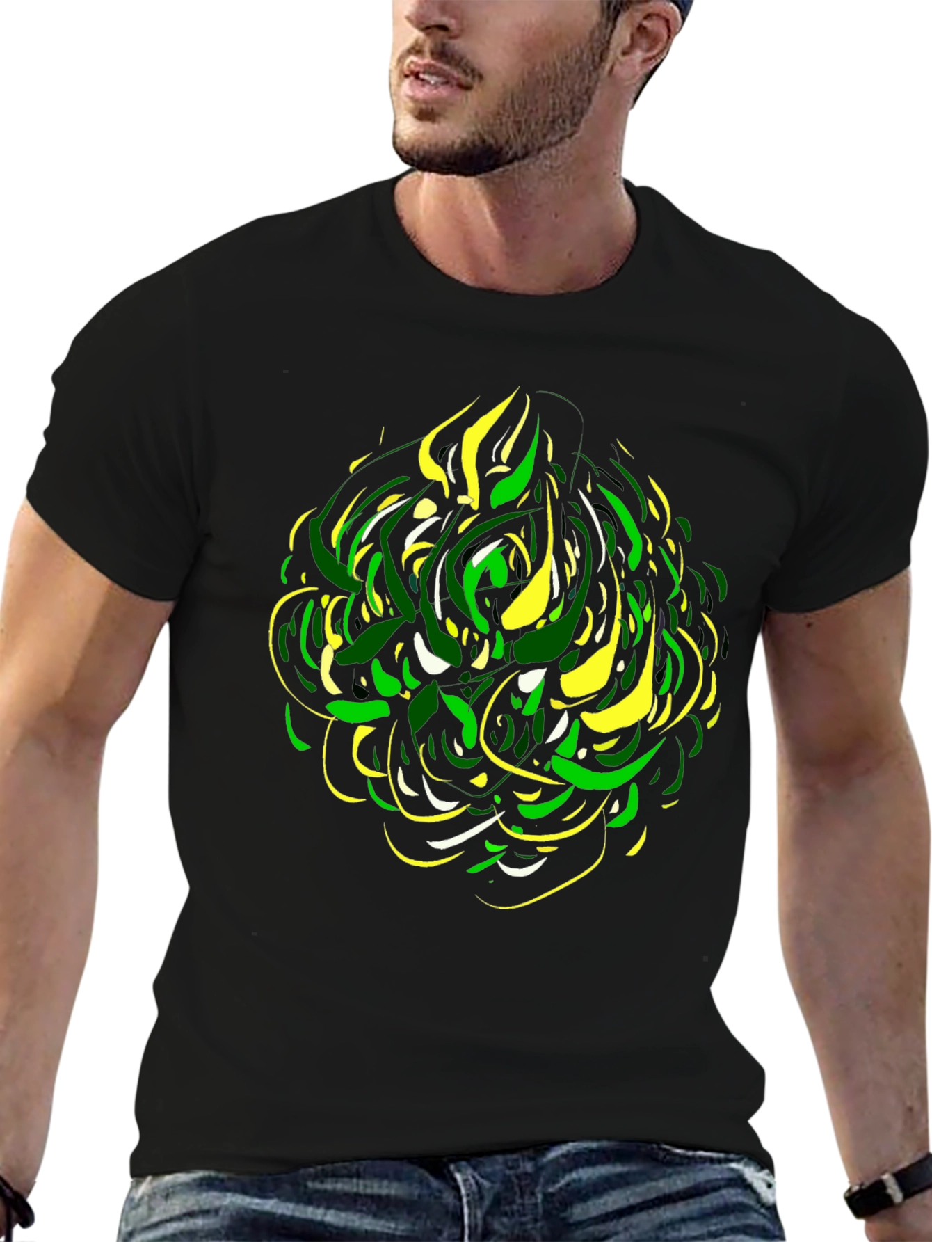 Abstract Green & Yellow Graphic Print Black Tee