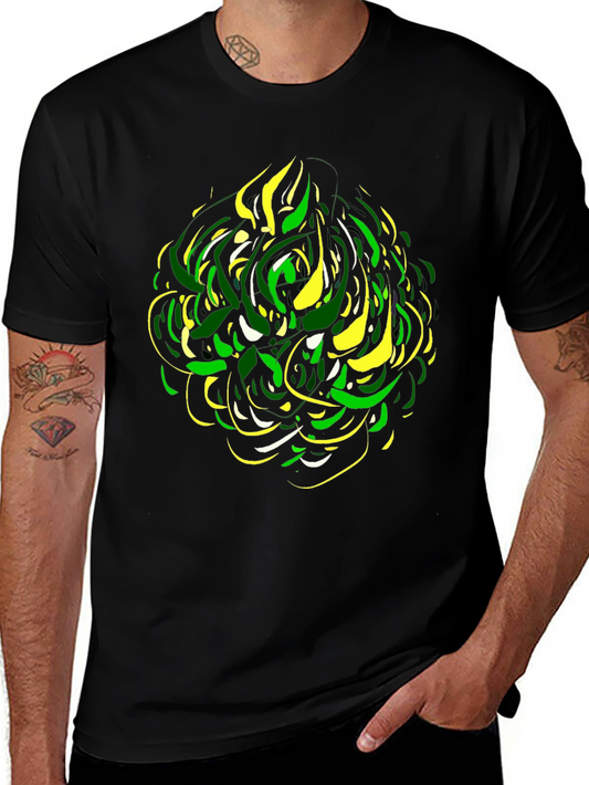 Abstract Green & Yellow Graphic Print Black Tee
