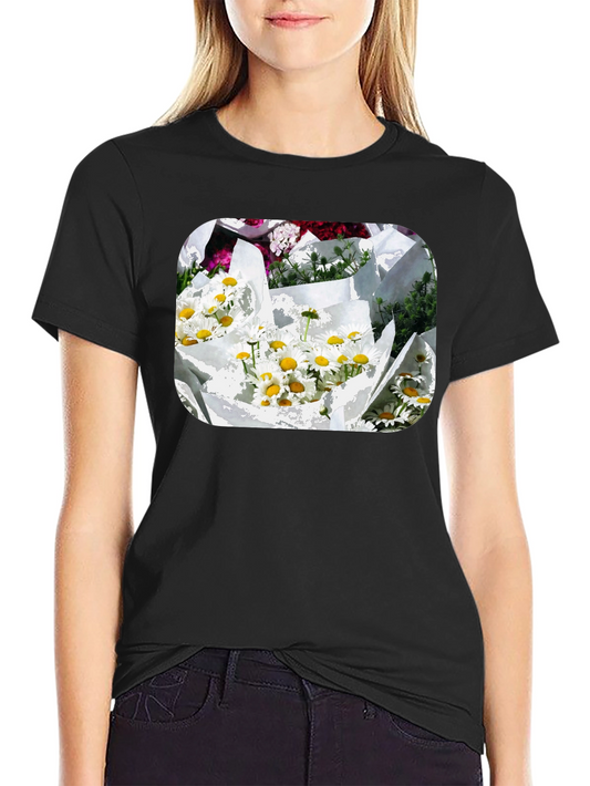 Daisy Bouquet Graphic Tee - Black Cotton Casual T-Shirt