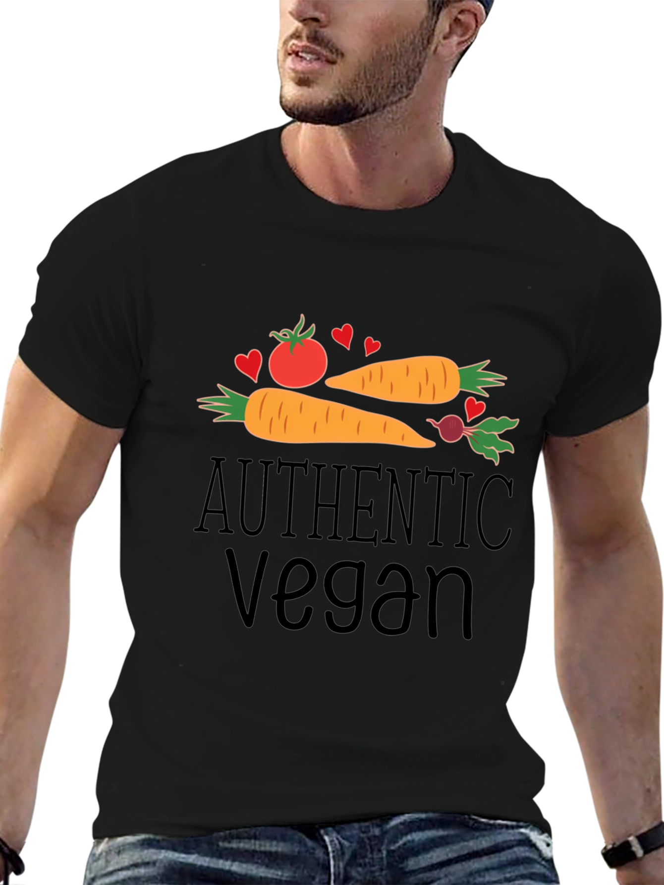 Authentic Vegan Black T-Shirt: Carrot Tomato & Beet Design