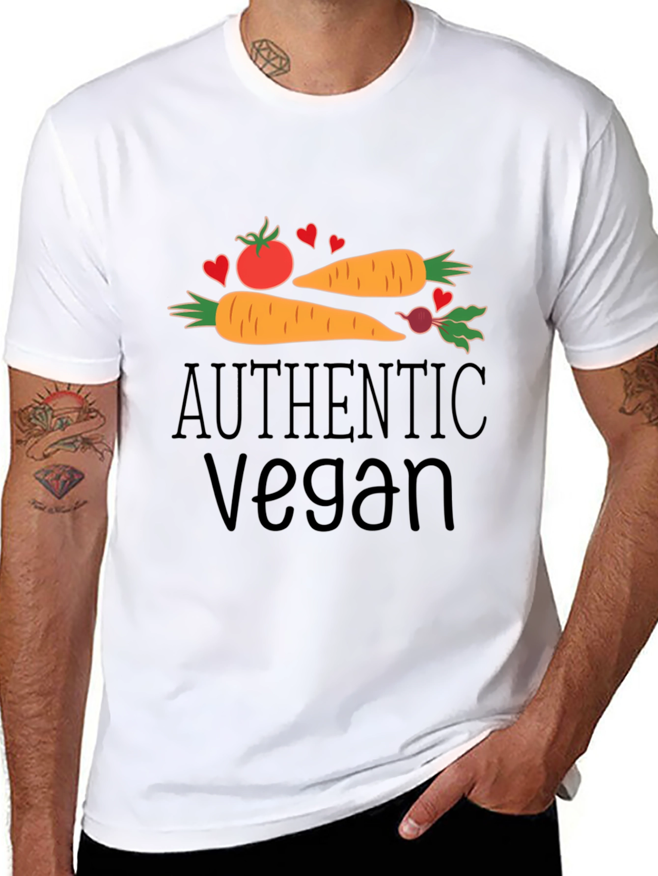 Authentic Vegan Black T-Shirt: Carrot Tomato & Beet Design