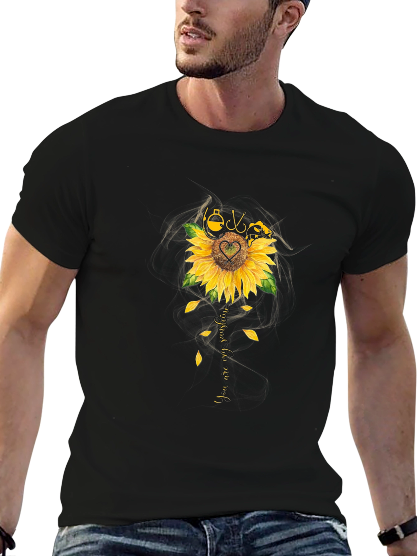Fishing Sunflower Graphic T-Shirt - Black