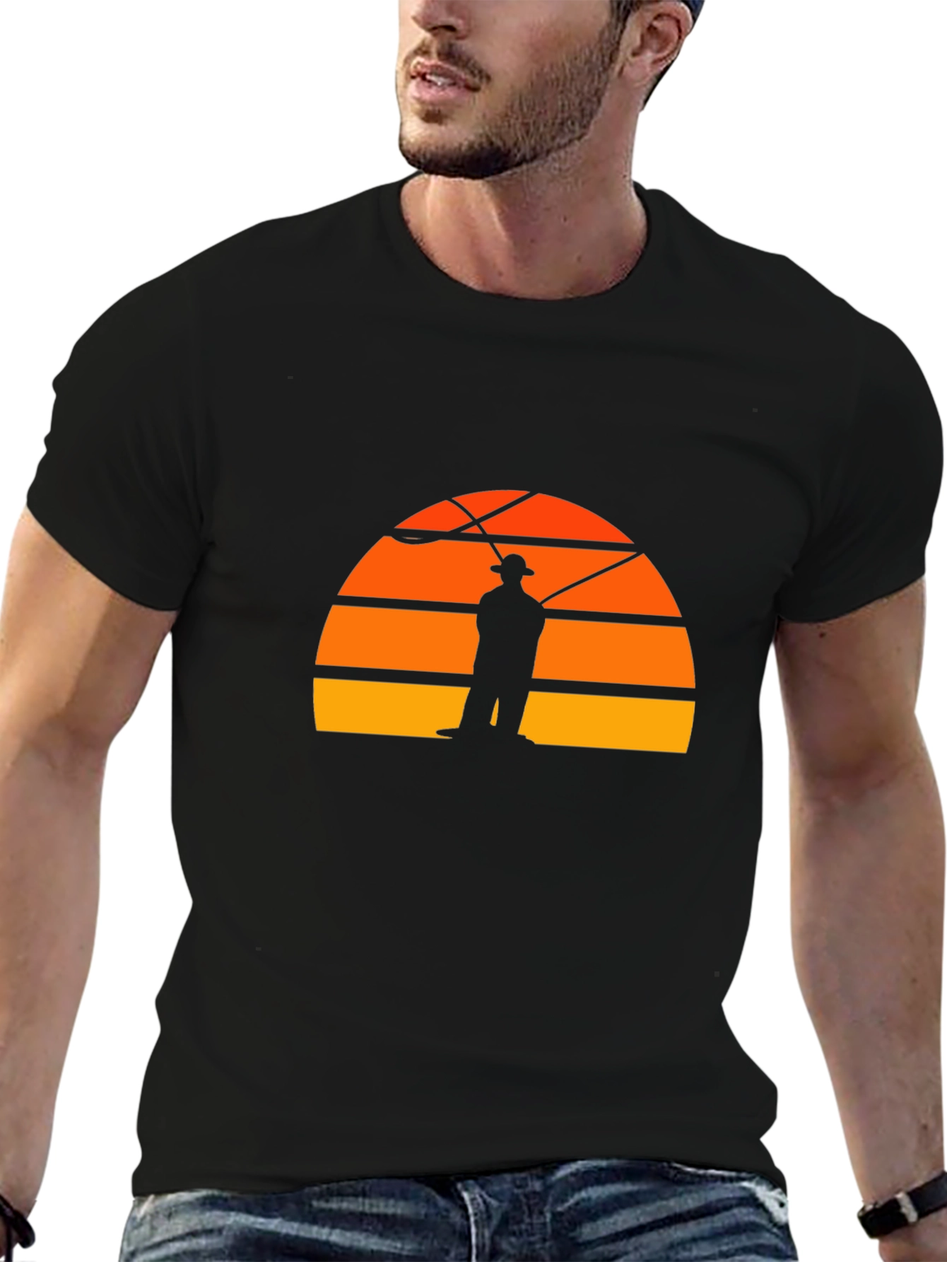 Fisherman Sunset Graphic Tee - Retro Style Black T-Shirt