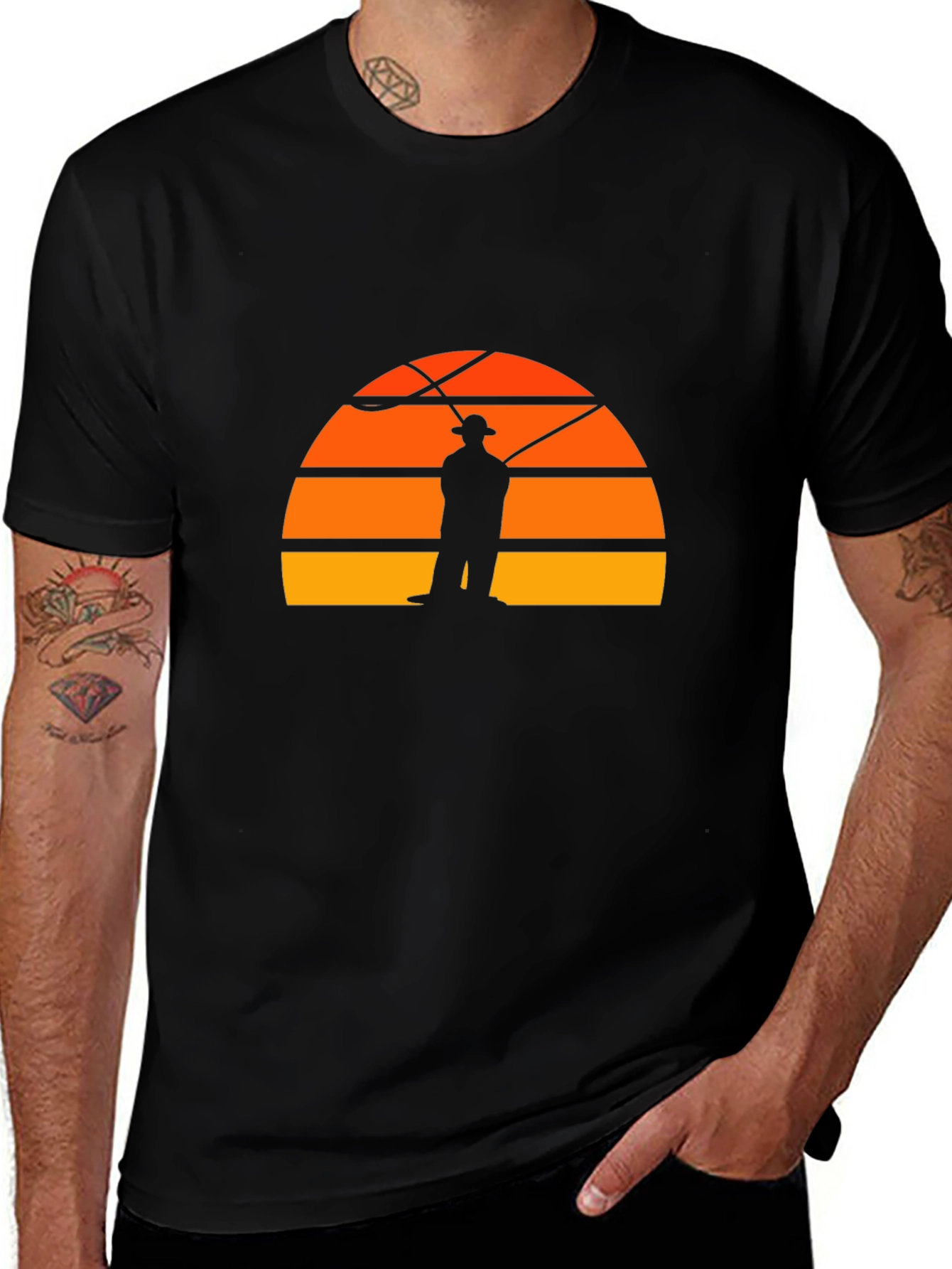 Fisherman Sunset Graphic Tee - Retro Style Black T-Shirt