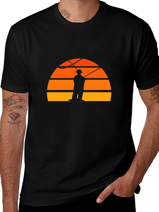 Fisherman Sunset Graphic Tee - Retro Style Black T-Shirt