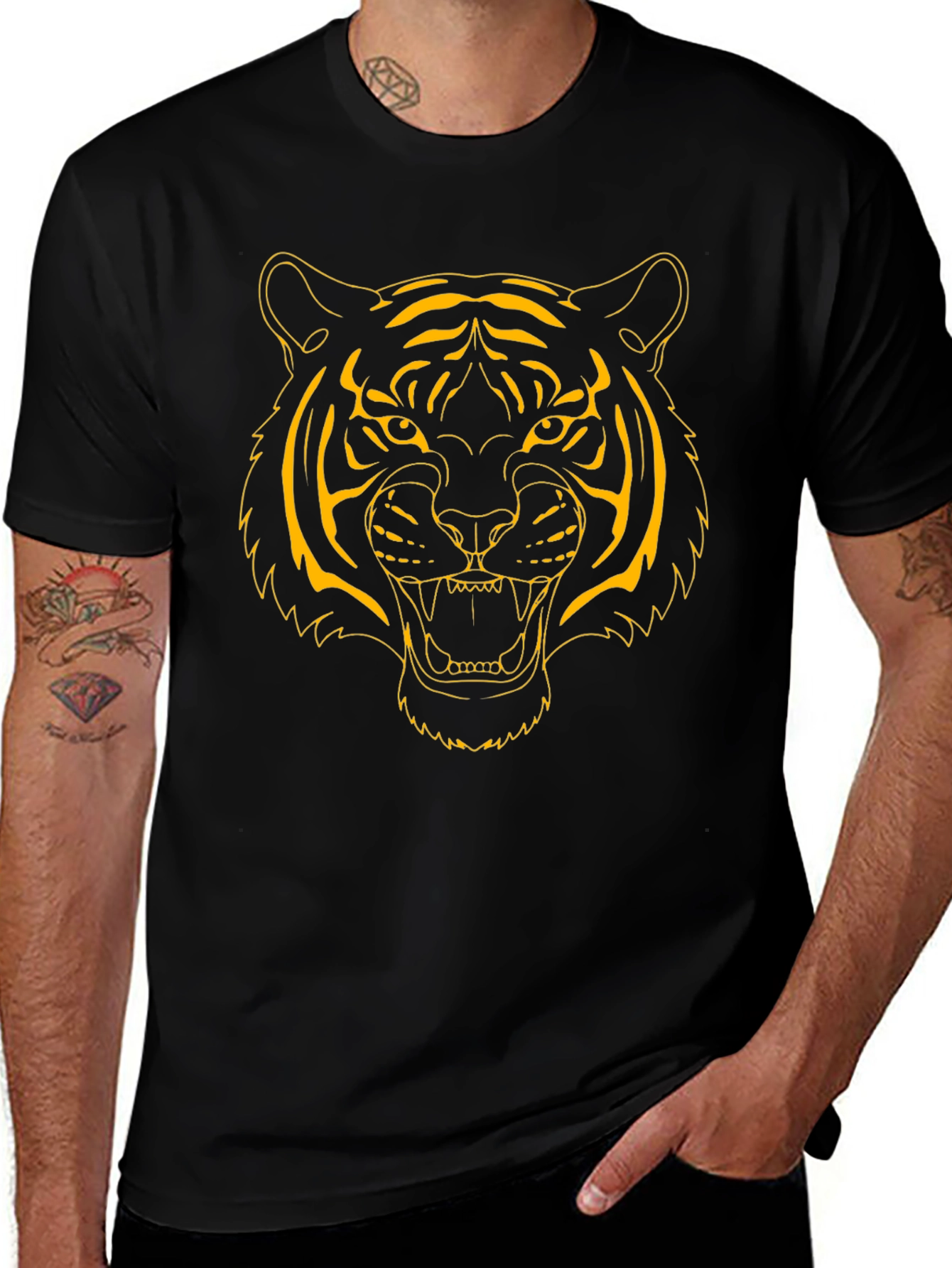 Bold Tiger Graphic Tee - Black Cotton Shirt