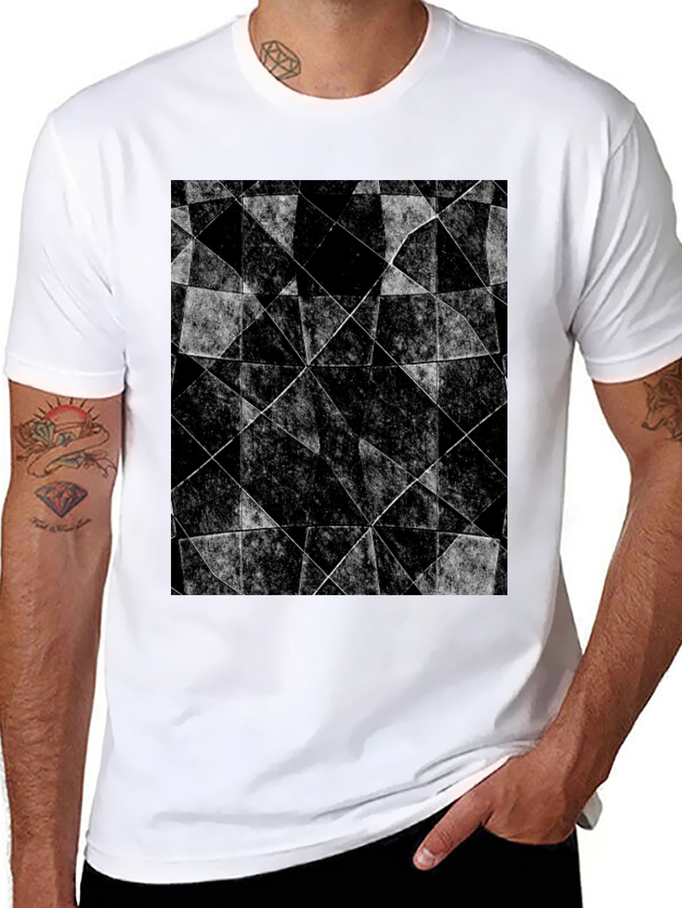 Abstract Geometric Graphic Tee - Black Cotton Blend Shirt