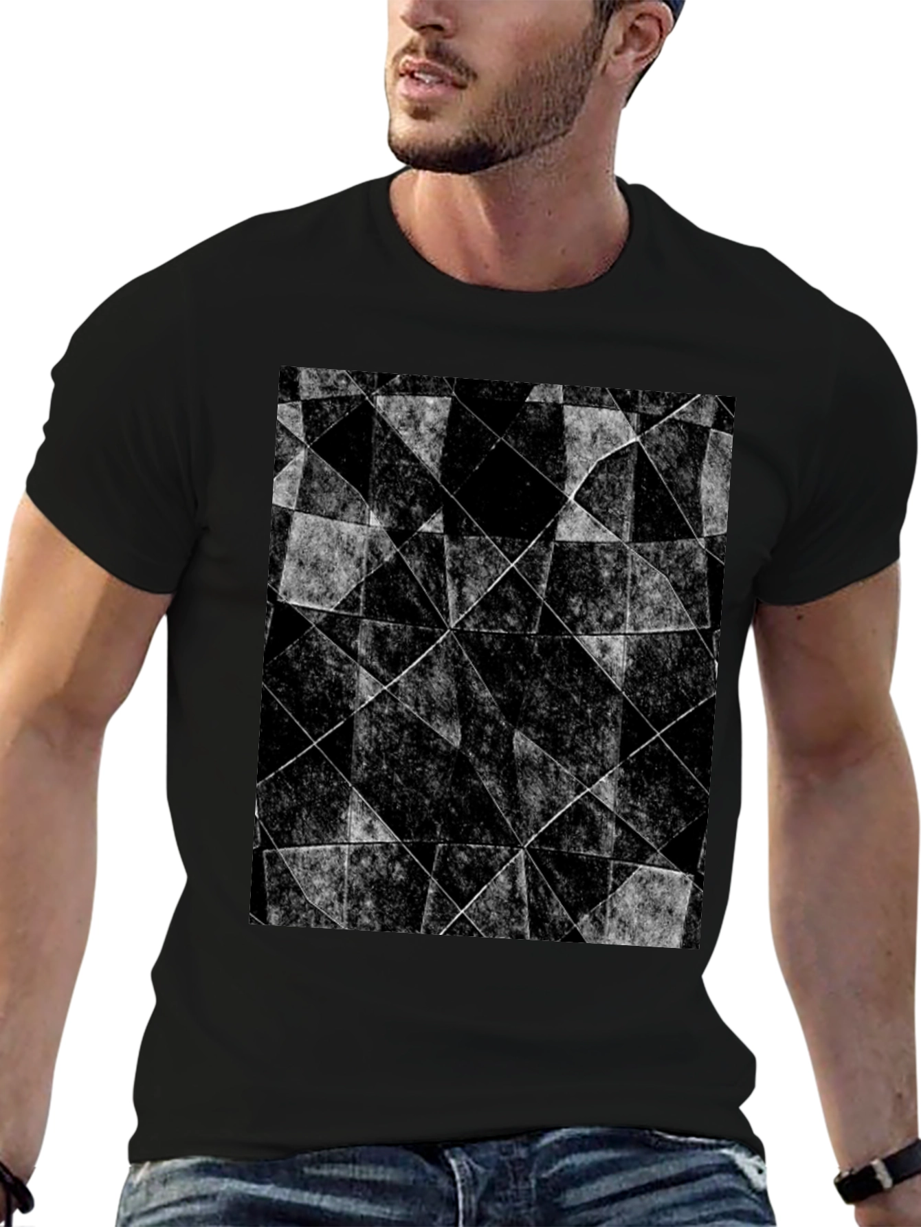 Abstract Geometric Graphic Tee - Black Cotton Blend Shirt
