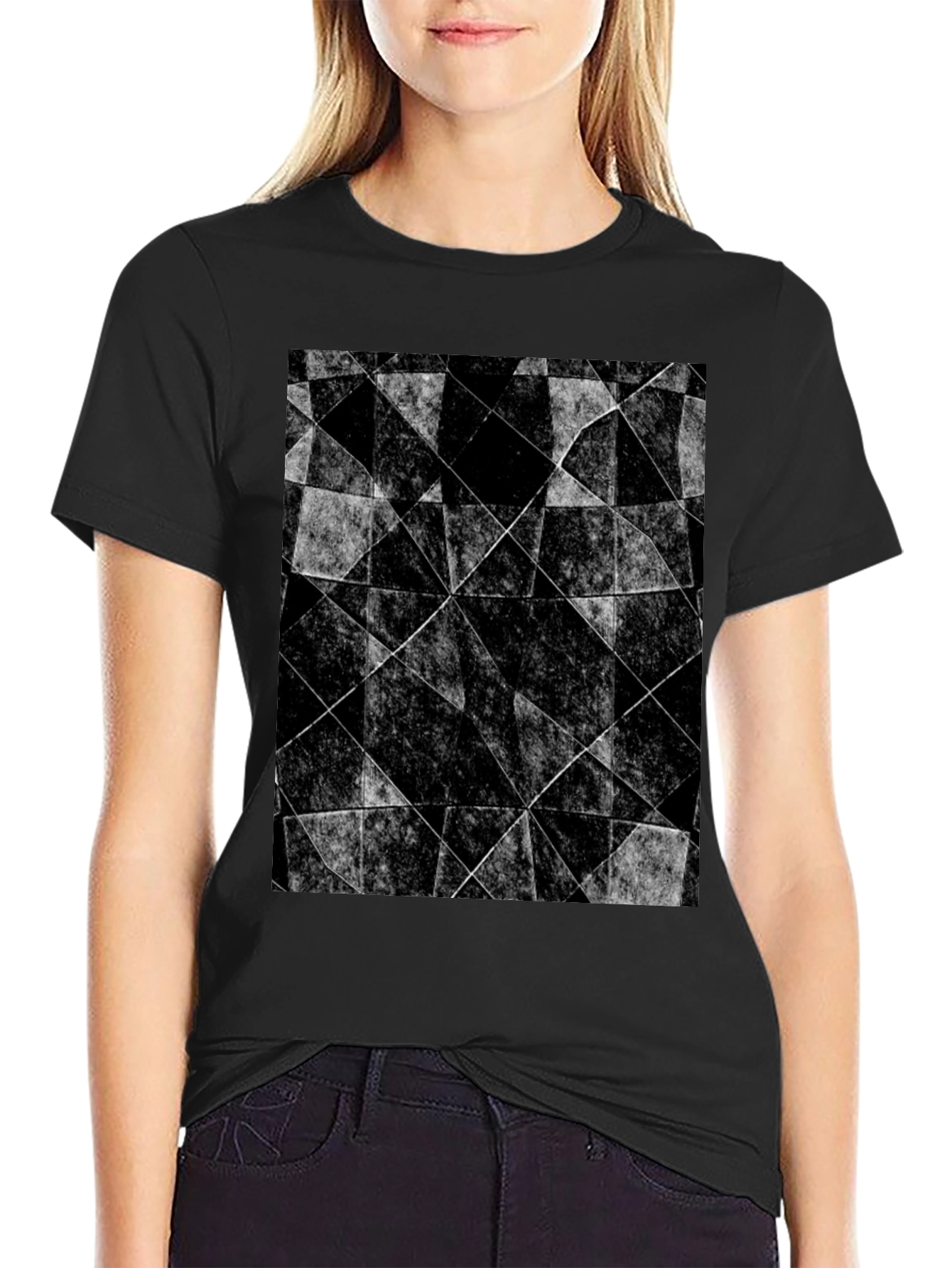 Abstract Geometric Graphic Tee - Black Cotton Blend Shirt