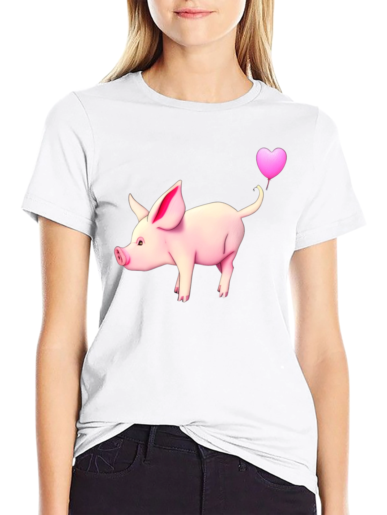 Pig with Heart Balloon Black T-Shirt