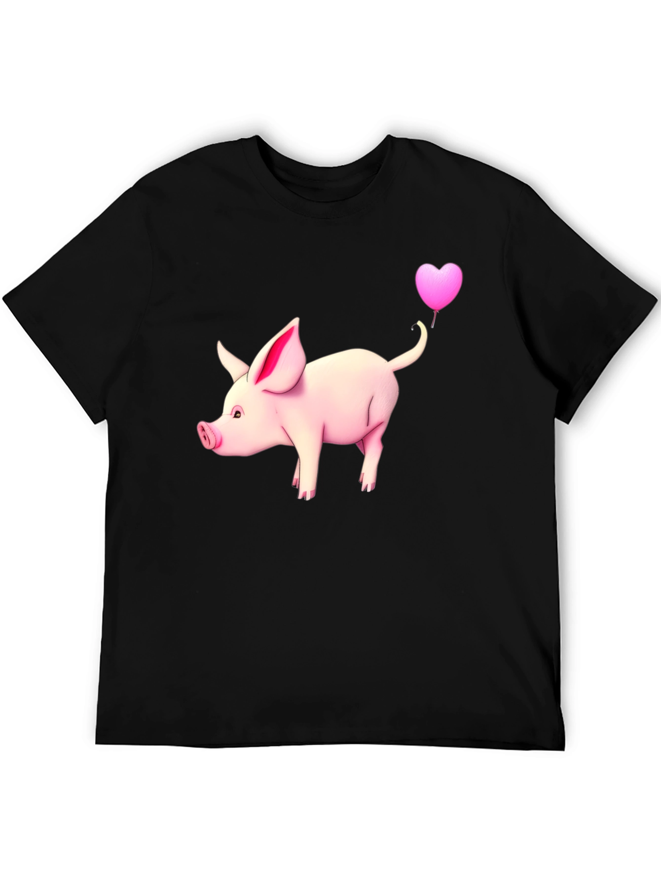 Pig with Heart Balloon Black T-Shirt