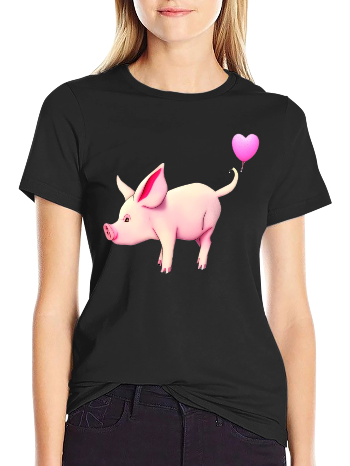 Pig with Heart Balloon Black T-Shirt