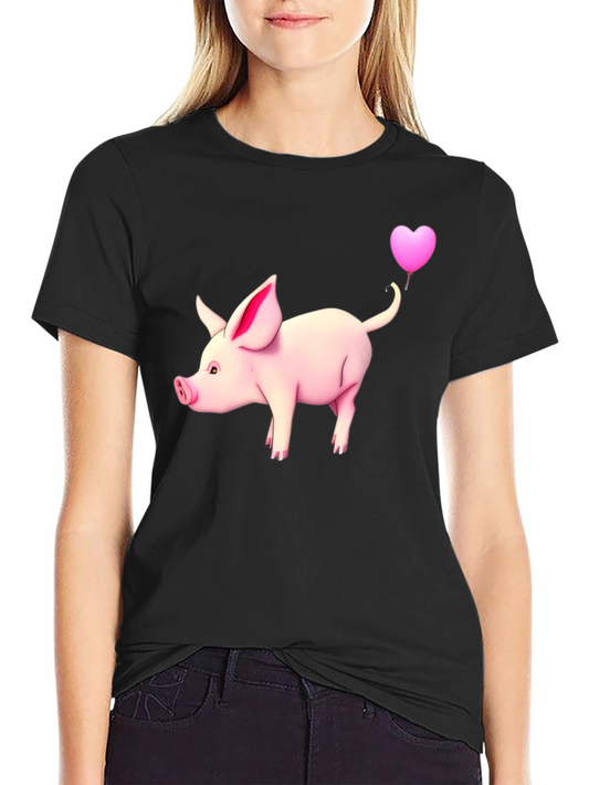 Pig with Heart Balloon Black T-Shirt