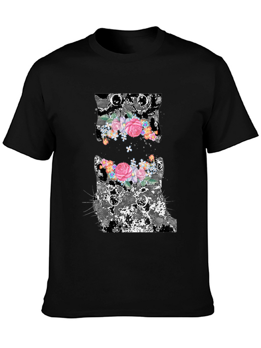 Floral Cat Graphic Black T-Shirt