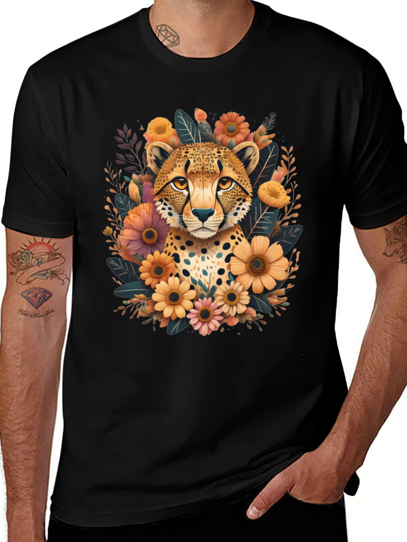Cheetah Floral Graphic Tee - Stylish Black T-Shirt