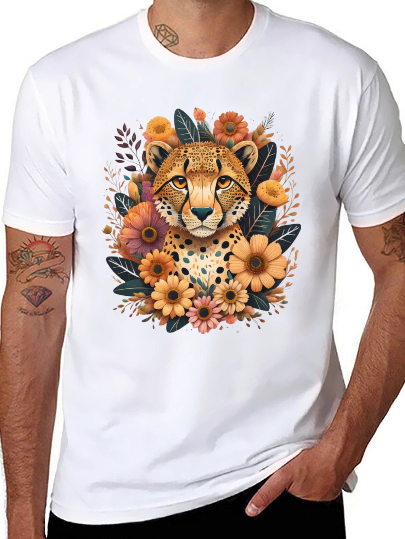 Cheetah Floral Graphic Tee - Stylish Black T-Shirt
