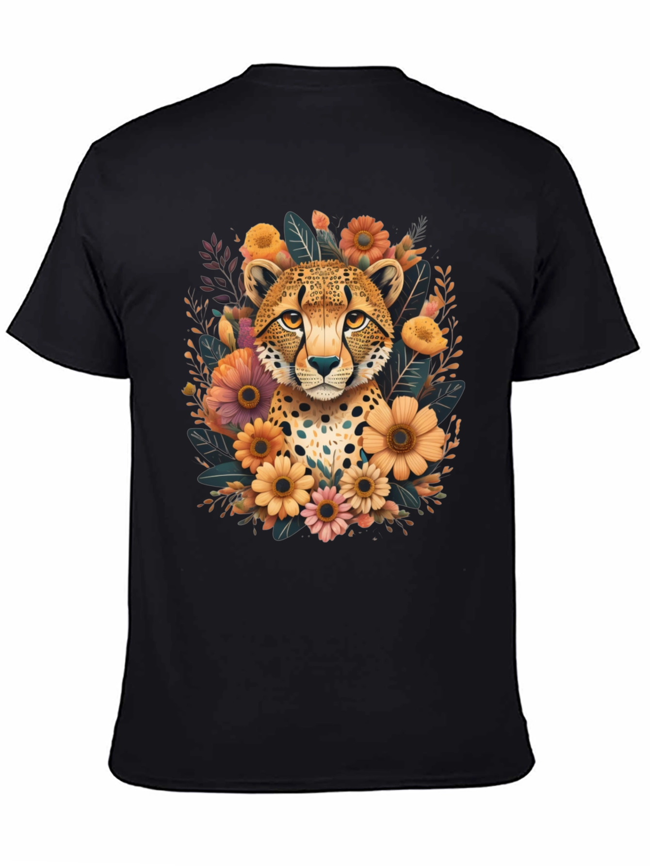 Cheetah Floral Graphic Tee - Stylish Black T-Shirt