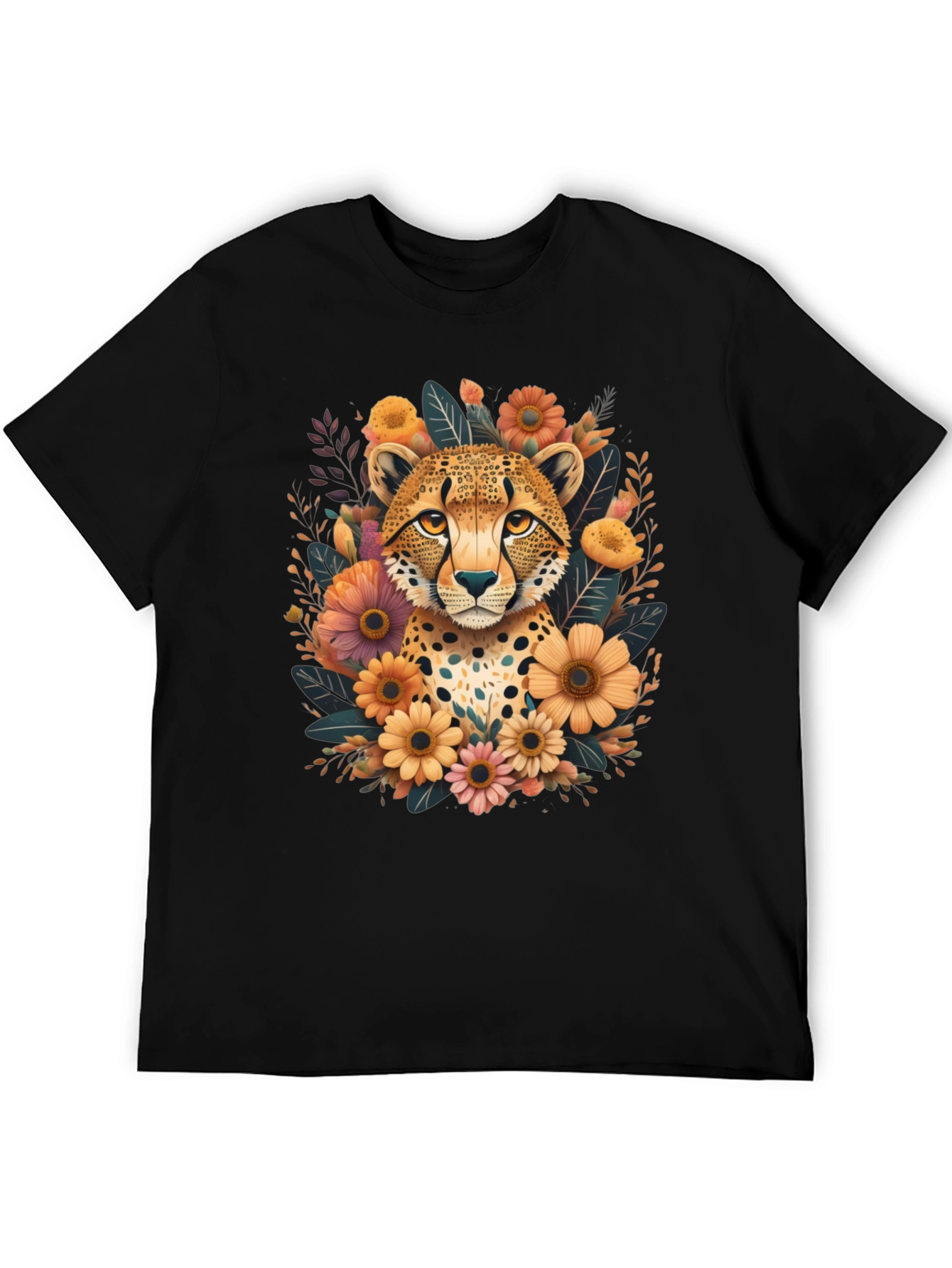 Cheetah Floral Graphic Tee - Stylish Black T-Shirt