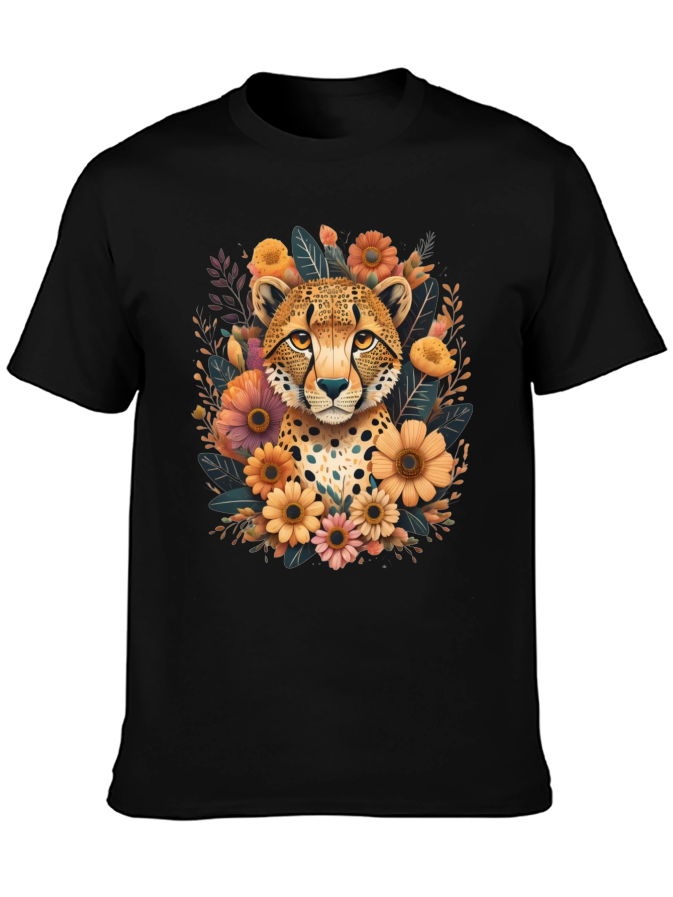 Cheetah Floral Graphic Tee - Stylish Black T-Shirt