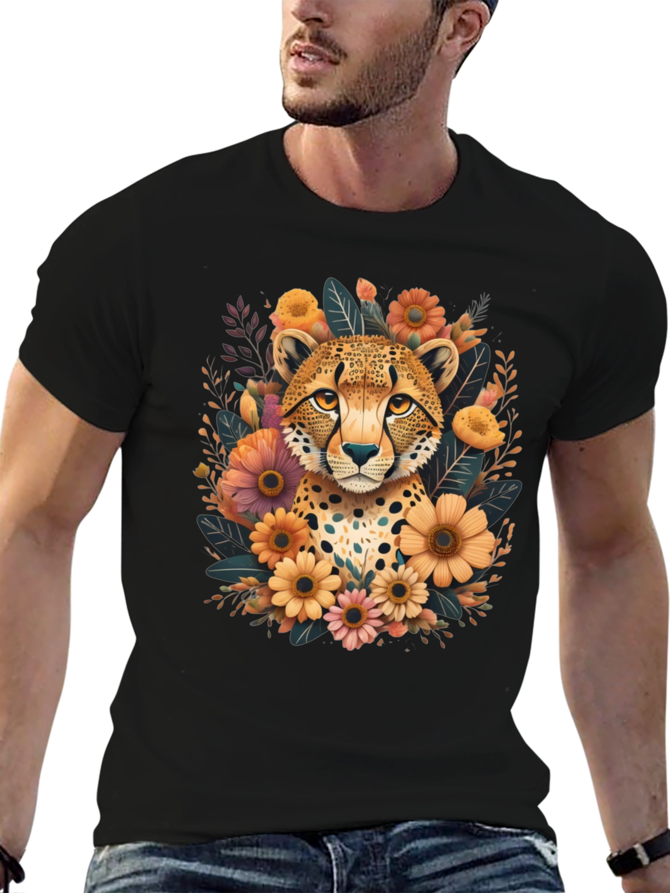 Cheetah Floral Graphic Tee - Stylish Black T-Shirt