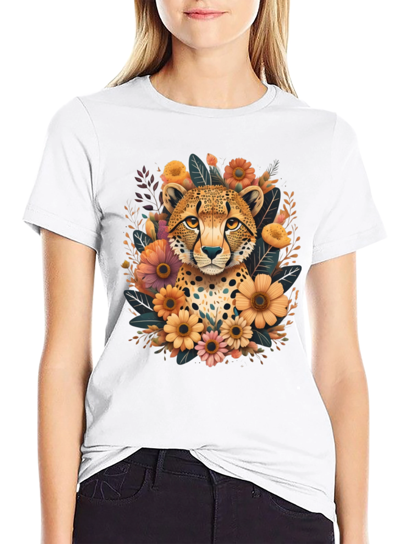 Cheetah Floral Graphic Tee - Stylish Black T-Shirt