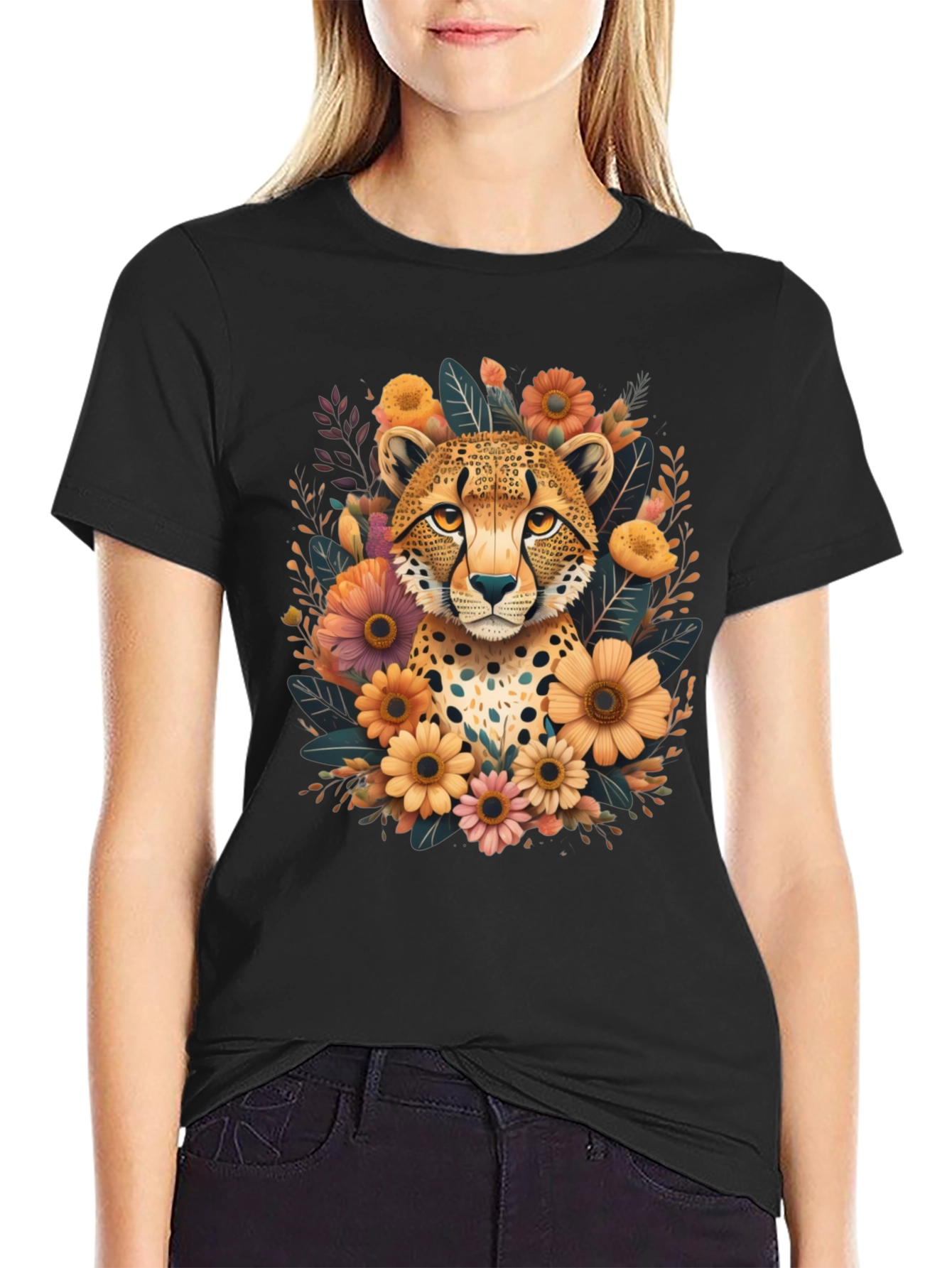 Cheetah Floral Graphic Tee - Stylish Black T-Shirt